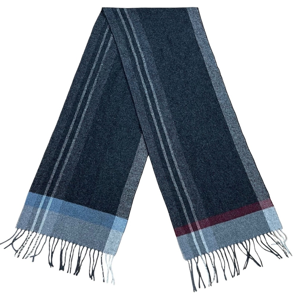 Italian Woolen Treasures 100% Lambswool Rectangular Scarf Grey Burgundy Fringe